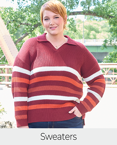 Explore our sweaters! Featuring a striped sweater.