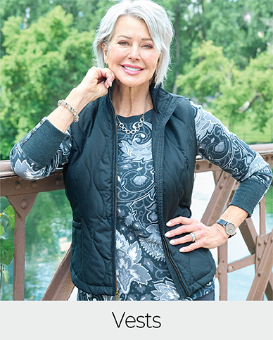 Explore our vests! Featuring a black quilted vest.