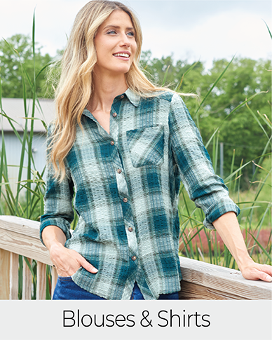 Explore our blouses and shirts! Featuring a green plaid shirt.