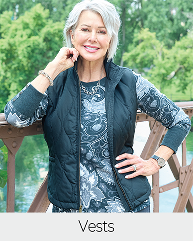 Explore our vests! Featuring a black quilted vest.