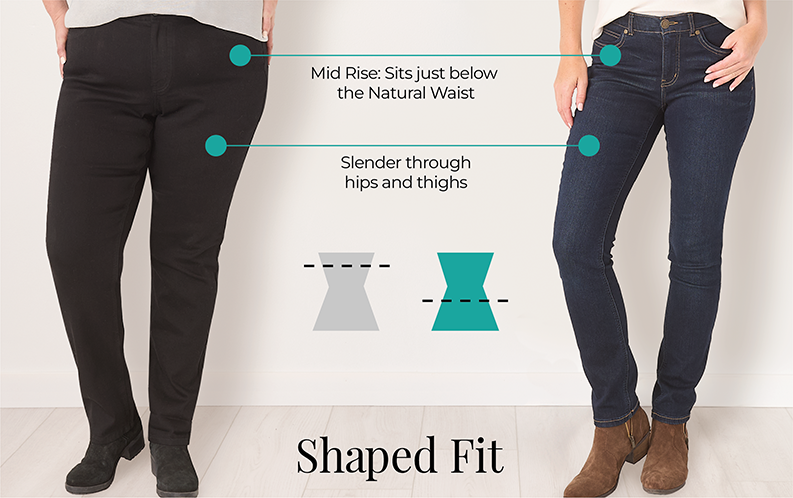 Explore our shaped fit bottoms! Featuring an assortment of bottoms that sits just below the natural waist and slender through hips and thighs.