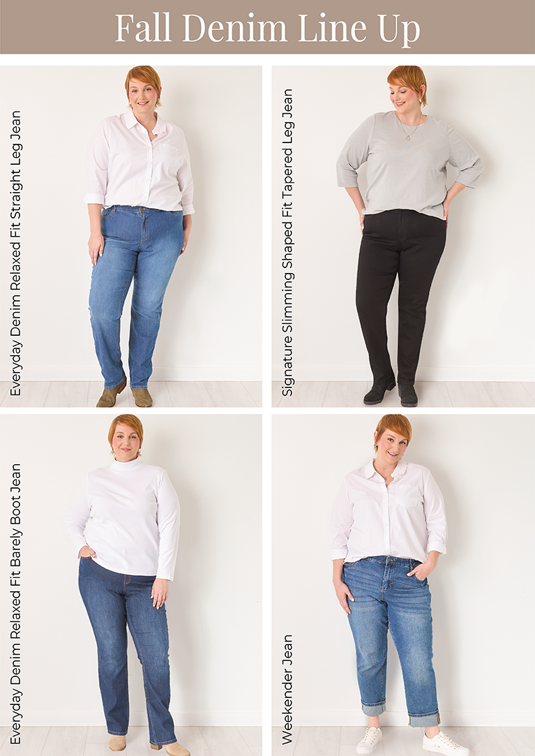 Fall Denim Line Up: Featuring a denim straight leg jean, shaped fit tapered leg jean, denim barely boot jean, and weekender jean!