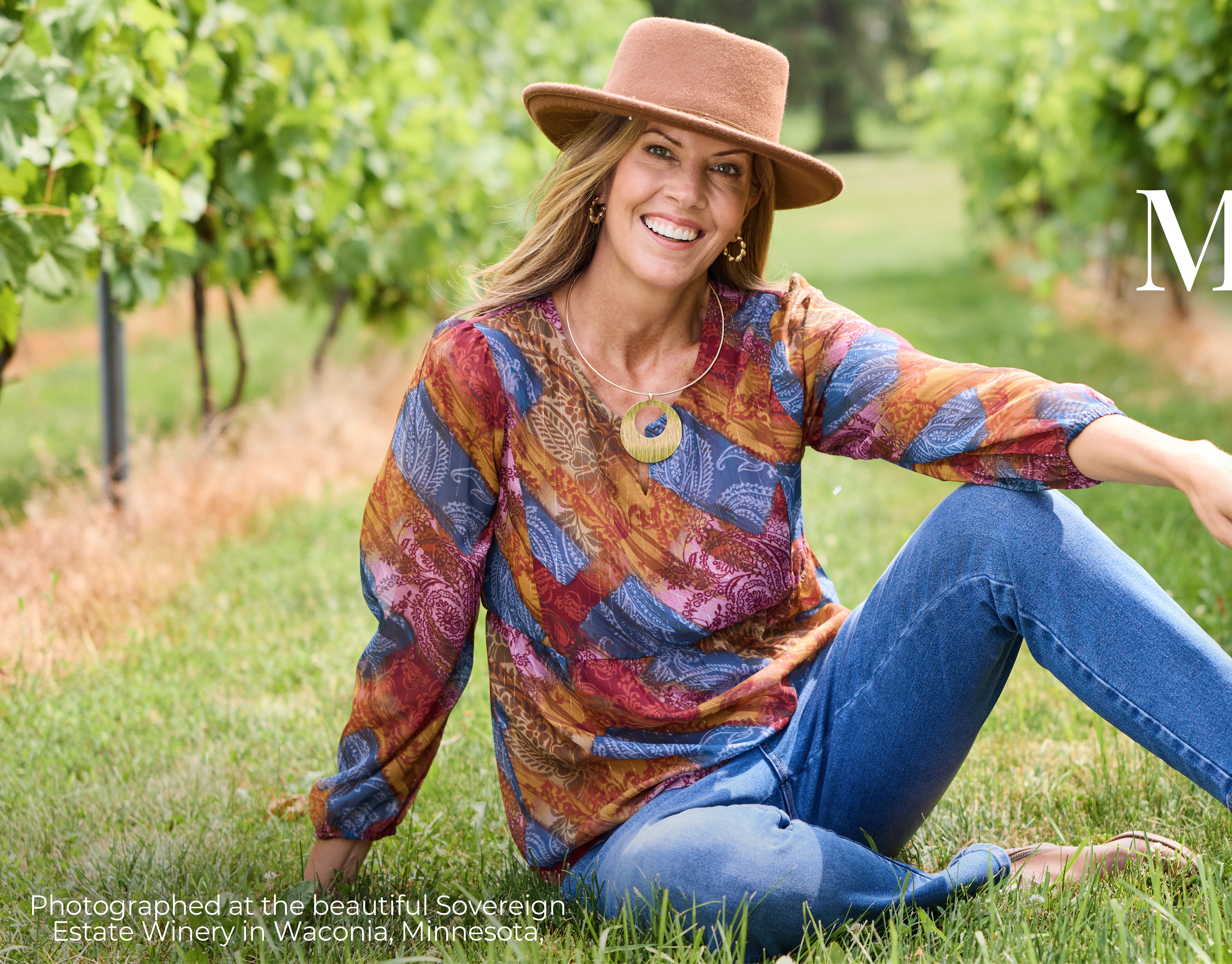 Photographed at the beautiful Sovereign Estate Winery in Waconia, Minnesota. Featuring a patchwork print peplum blouse and blue jeans.