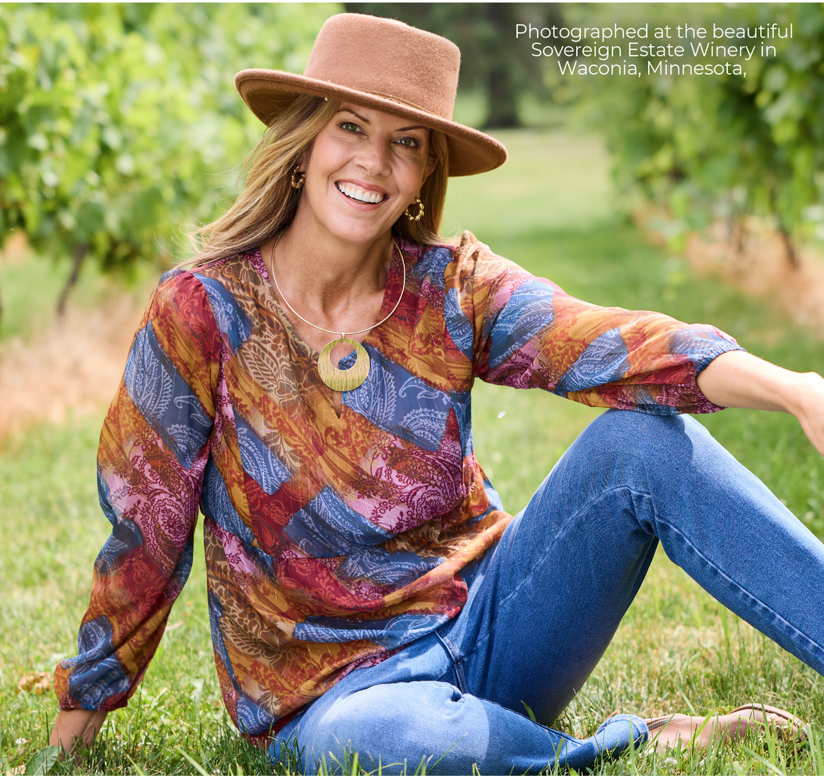 Meet us at the Vineyard. Shop the Collection. Photographed at the beautiful Sovereign Estate Winery in Waconia, Minnesota. Featuring a patchwork print peplum blouse and blue jeans.