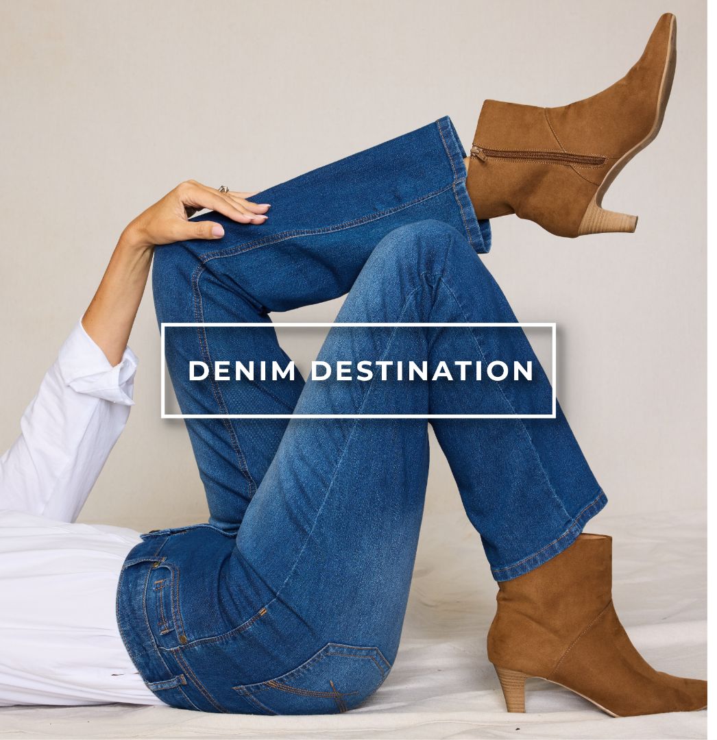 Explore our jeans! Featuring a blue tapered leg jean.