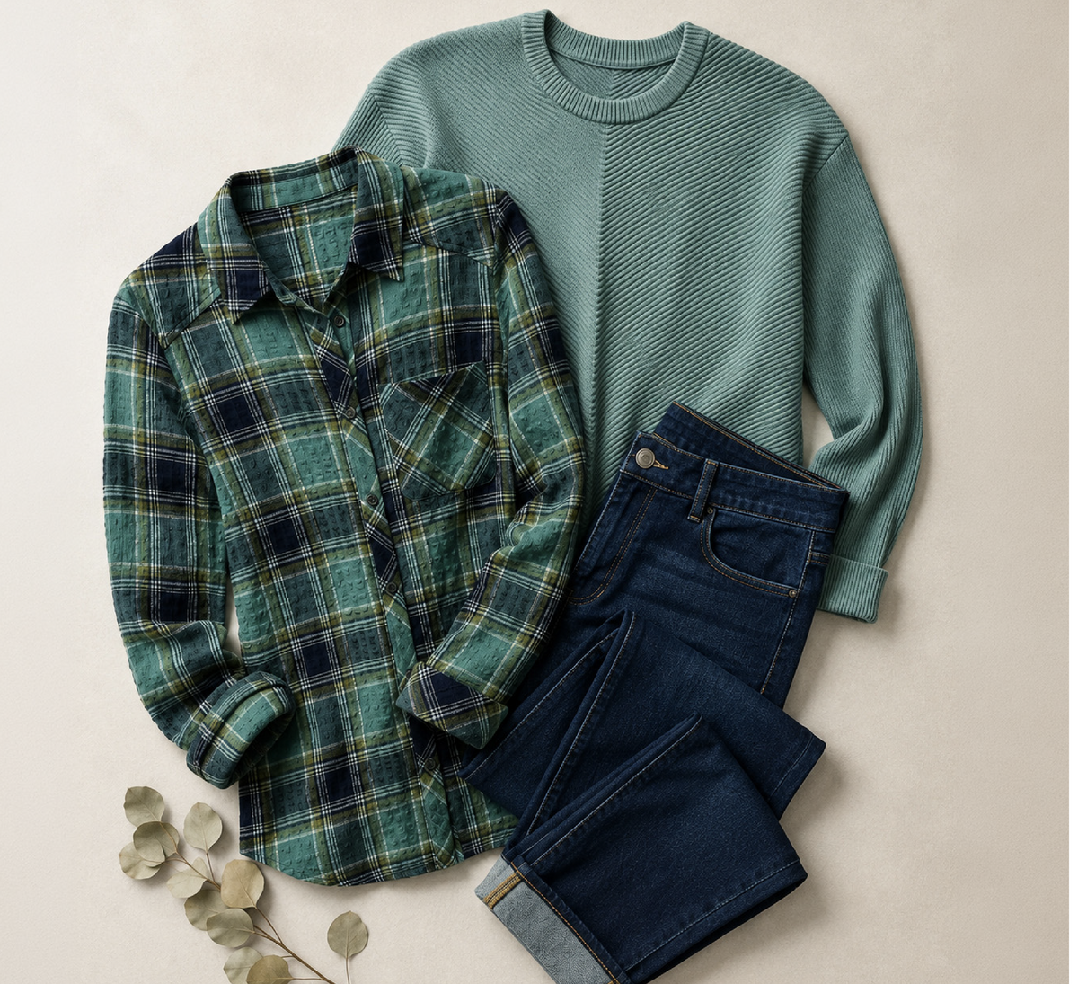 Explore our Styled For You collection! Featuring a teal plaid shirt, blue crewneck sweater, and jeans.