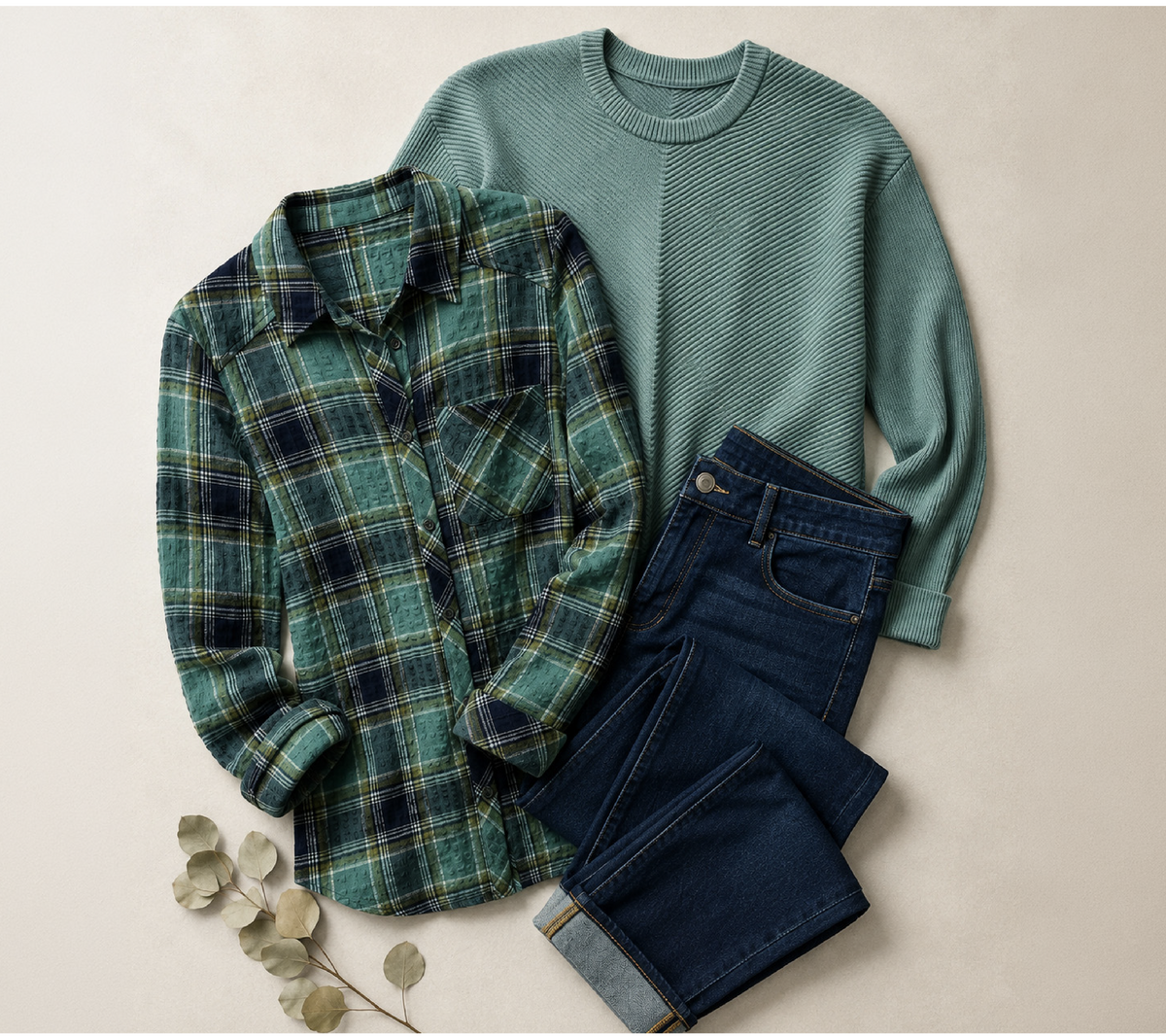 Explore our Styled For You collection! Featuring a teal plaid shirt, blue crewneck sweater, and jeans.