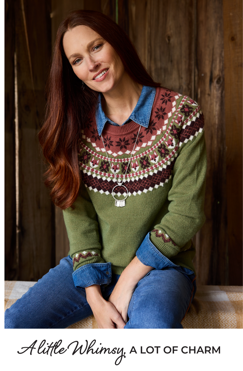 Explore our whimsy collection! Featuring a green woodland fox sweater.