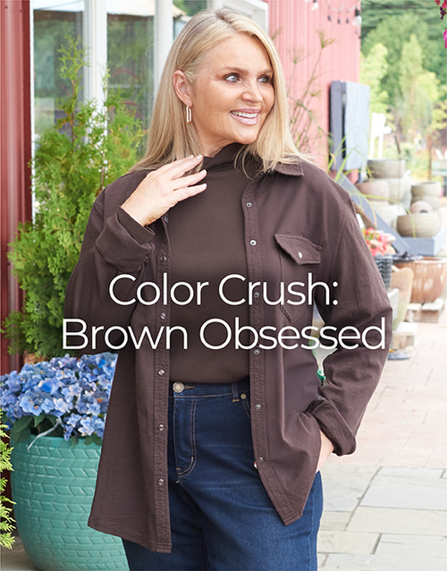 Explore our Color Crush: Brown Obsessed collection! Featuring a brown knit button up top.
