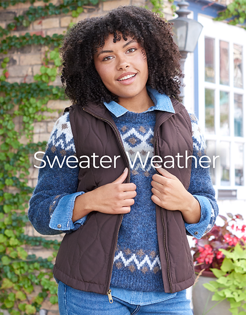 Explore our Sweater Weather collection! Featuring a brown quilted vest and blue sweater.