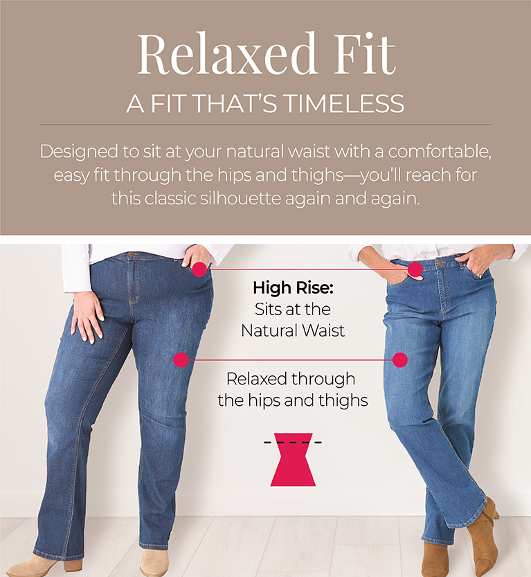 Relaxed Fit: A Fit That's Timeless. Designed to sit at your natural waist with a comfortable, easy fit through the hips and thighs—you'll reach for this classic silhouette again and again.