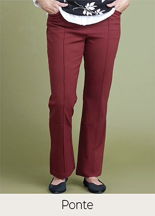 Explore our ponte pants! Featuring a brown pant.