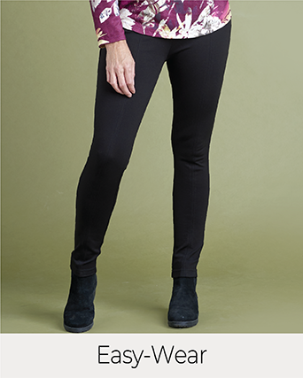 Explore our easy-wear pants! Featuring a black pant.