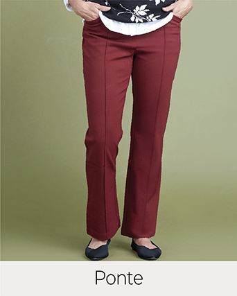 Explore our ponte pants! Featuring a brown pant.