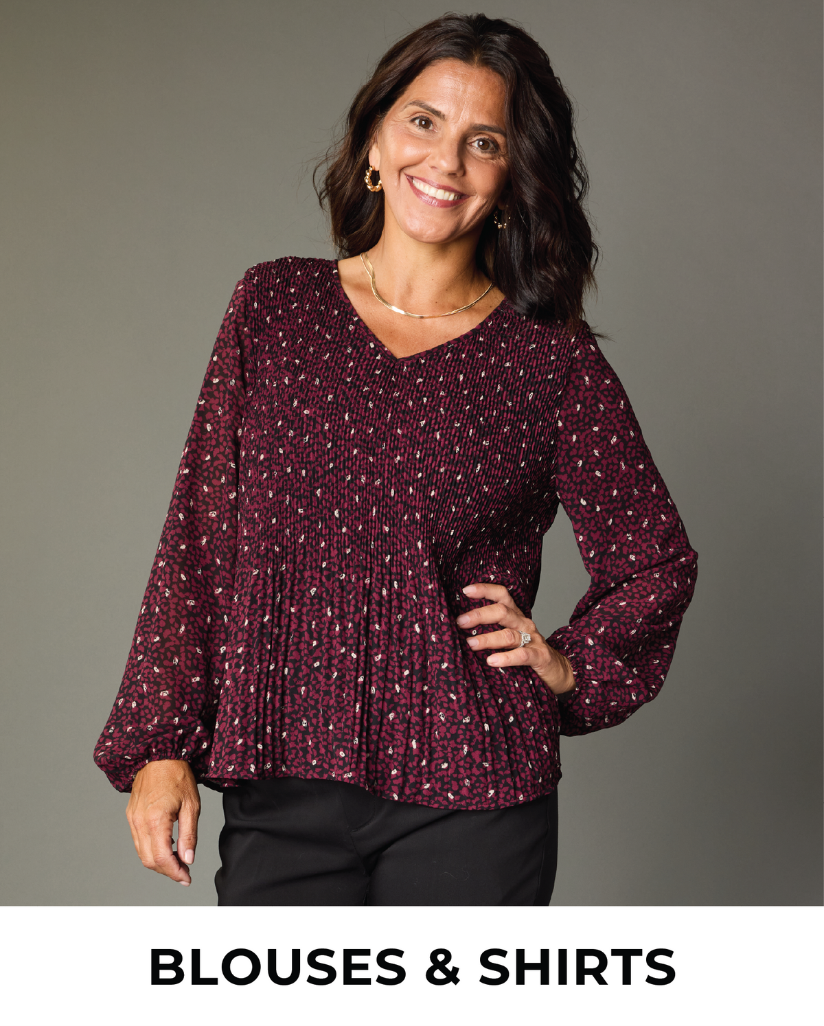 Explore our blouses & shirts! Featuring a burgundy pleat blouse.