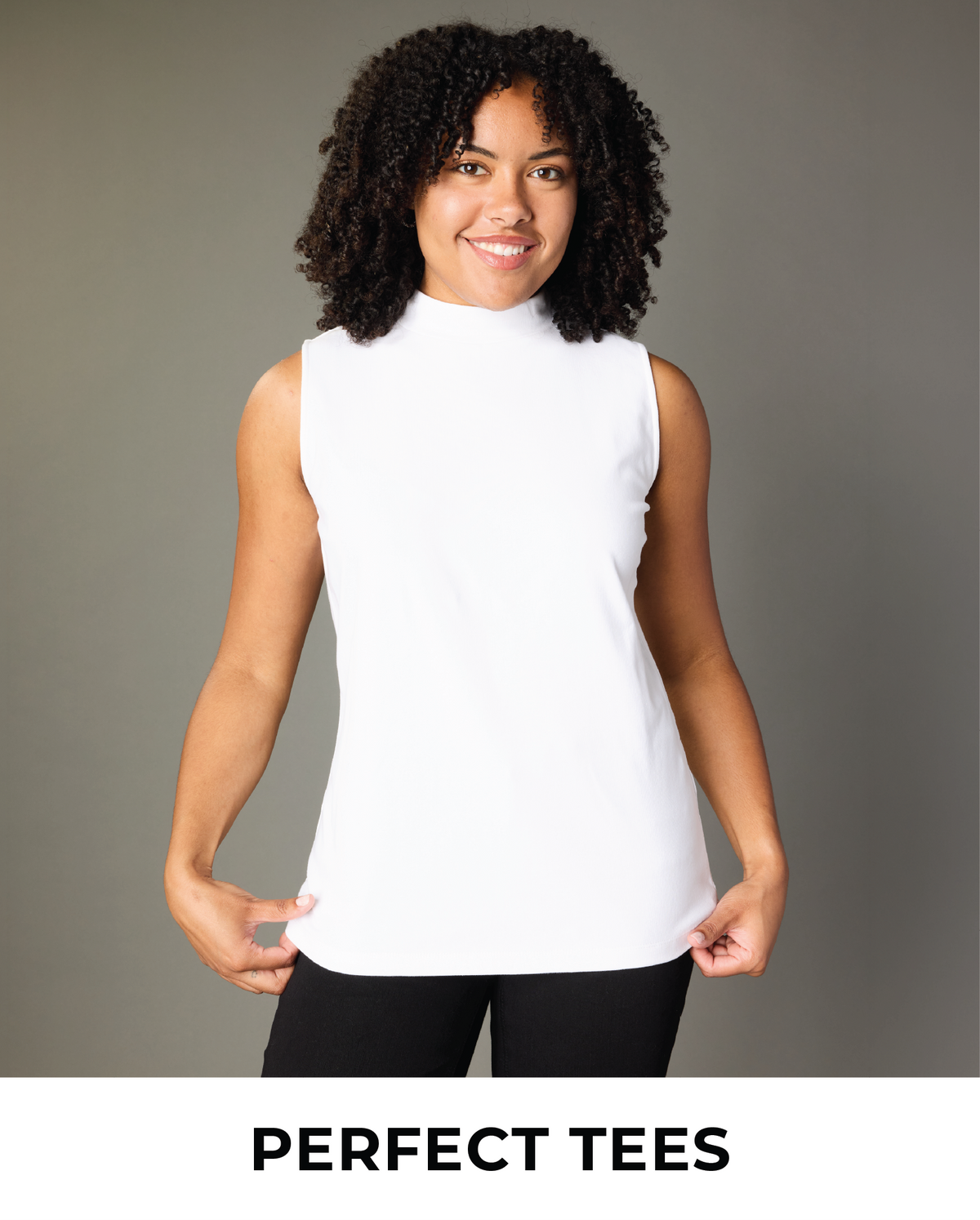 Explore our perfect Tees! Featuring a white mock neck tank.
