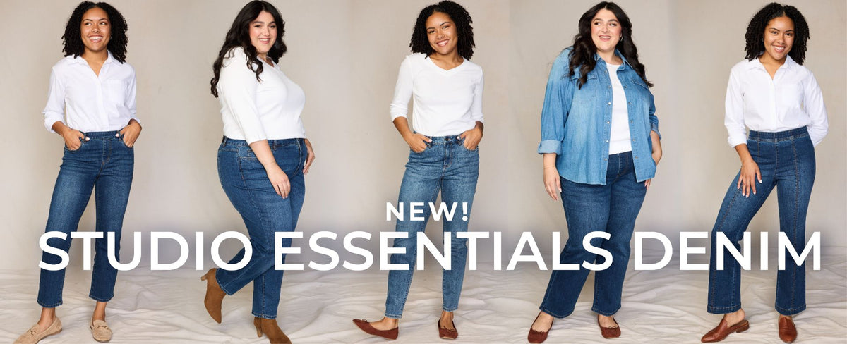 New! Studio Essentials Denim. Featuring an assortment of stylish tops and bottoms.