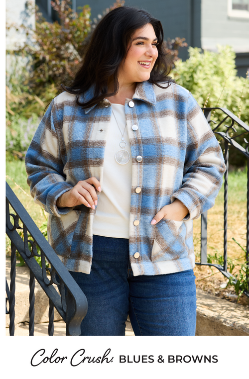 Explore our Color Crush: Blues & Browns collection! Featuring a blue plaid trucker jacket.