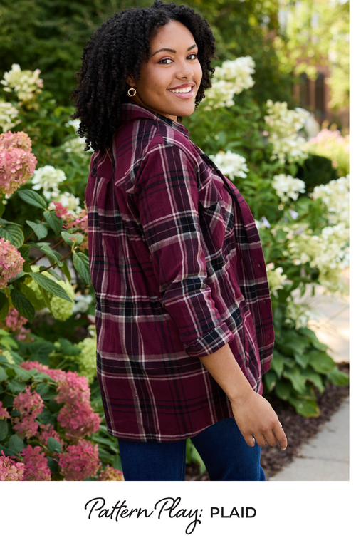 Explore our Pattern Play: Plaid collection! Featuring a burgundy plaid tunic.