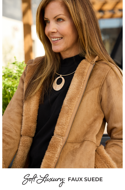 Explore our Soft Luxury: Faux Suede collection! Featuring a brown faux suede coat.
