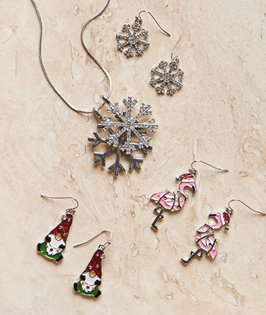Explore our jewelry! Featuring an assortment of festive earrings and necklace.