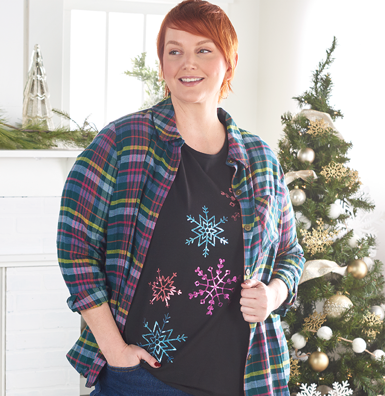 Explore our knit tops! Featuring an embellished snowflake tee.