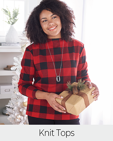 Explore our knit tops! Featuring a red plaid mock neck top.