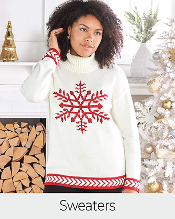 Explore our sweaters! Featuring a white tinsel holiday sweater.