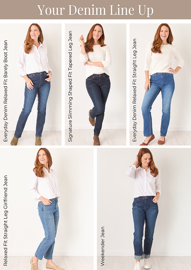 Your Denim Line Up: Everyday Denim Relaxed Fit Barely Boot Jean, Signature Slimming Shaped Fit Tapered Leg Jean, Everyday Denim Relaxed Fit Straight Leg Jean, Relaxed Fit Straight Leg Girlfriend Jean, and Weekender Jean.