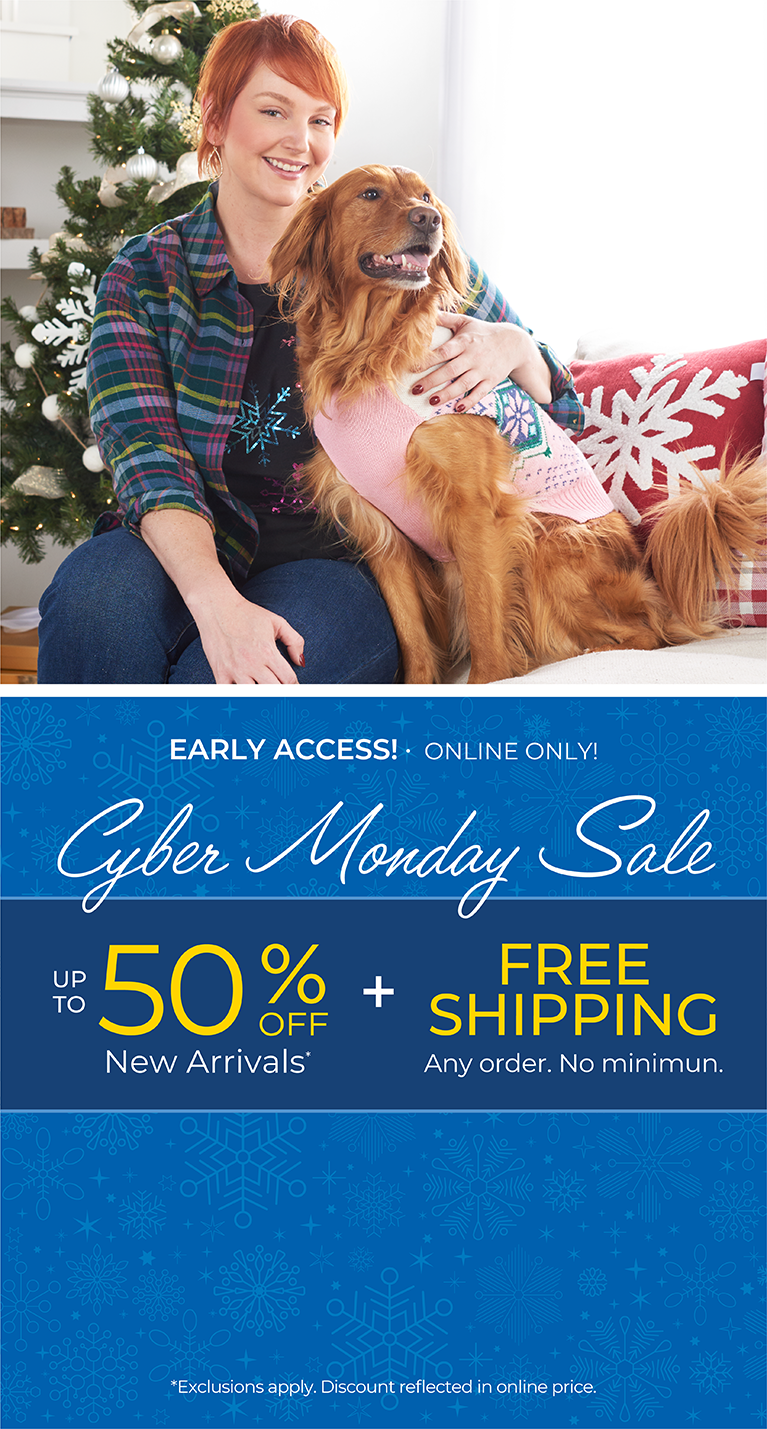 Early Access! Online Only: CYBER MONDAY SALE - Up to 50% OFF New Arrivals + FREE SHIPPING. Any Order. No Minimum*exclusions apply. Featuring a blue plaid shirt!