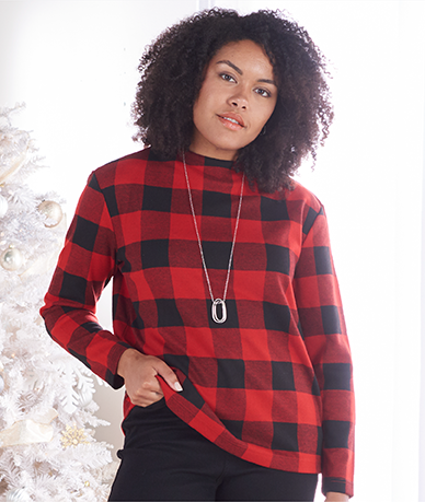 Explore our knit tops! Featuring a red plaid mock neck top.