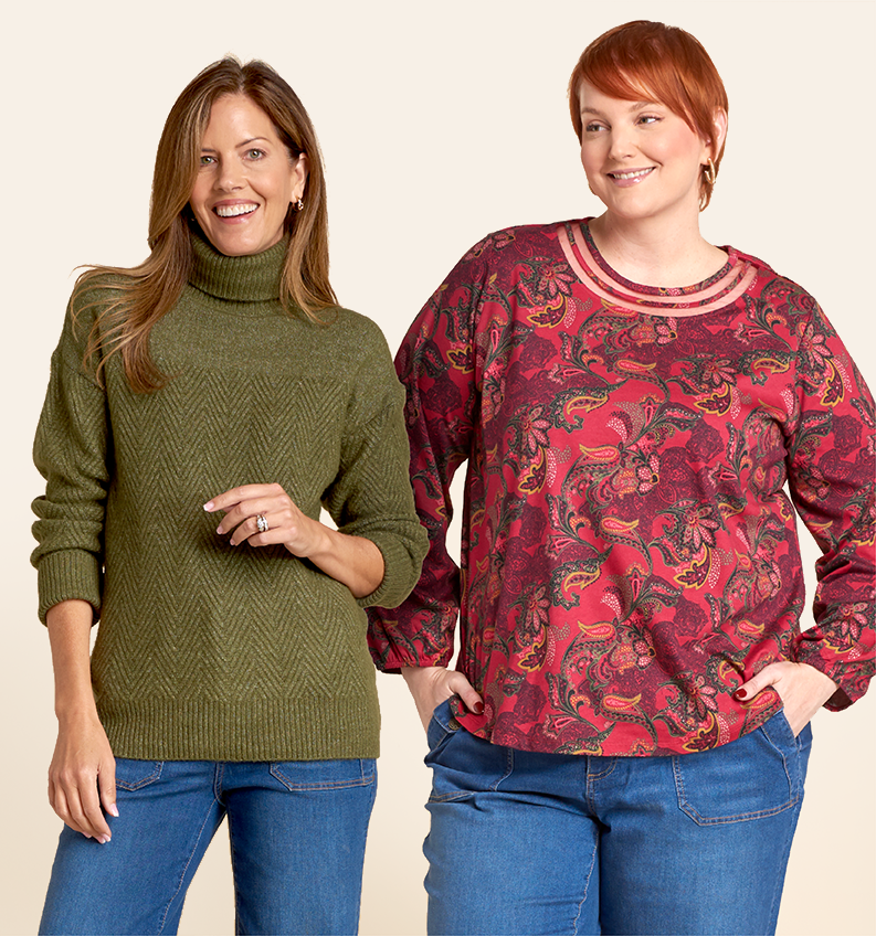 Styled for You: A season full of reasons to gather with friends and family. Find your perfect look for every occasion. Featuring a green turtleneck sweater and red paisley print top!