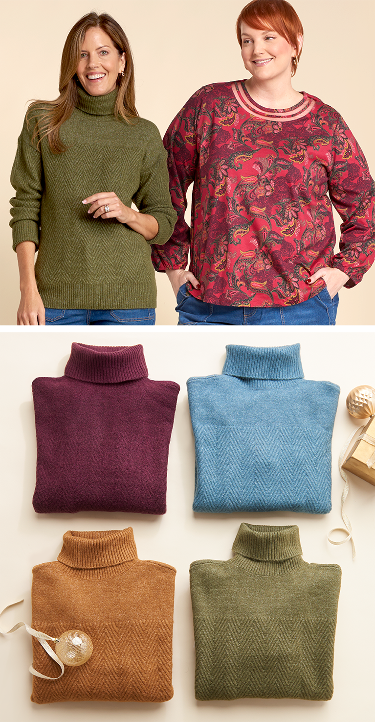 Styled for You: A season full of reasons to gather with friends and family. Find your perfect look for every occasion. Featuring an assortment of turtleneck sweaters and a red paisley print top!