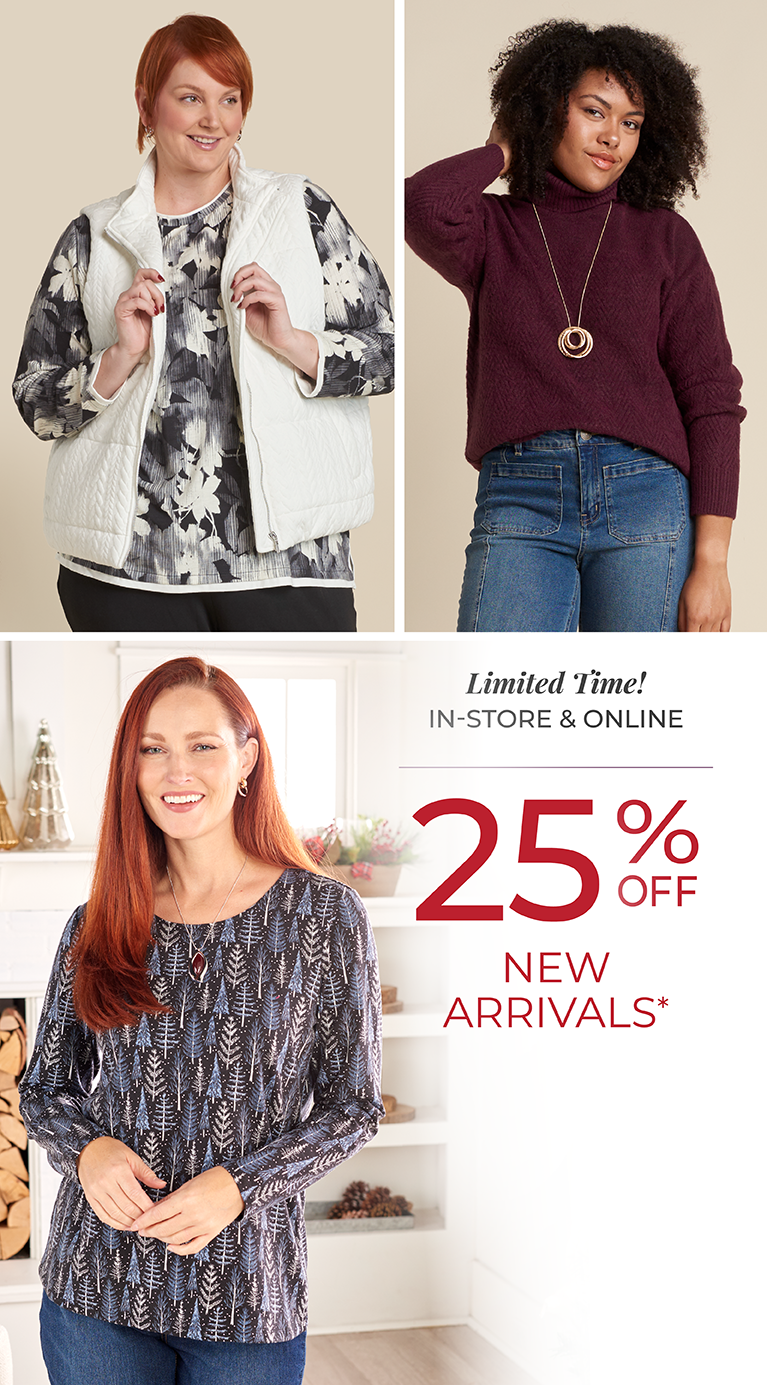 Limited Time! In-Store & Online: 25% Off New Arrivals*exclusions apply. Featuring a white quilted knit vest, red turtleneck, and blue festive tree tee!