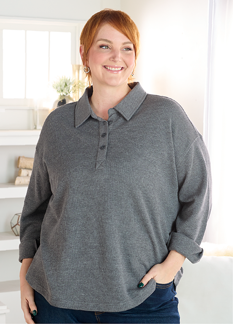 Winter Style Starts Here! Featuring a grey thermal collared pullover.