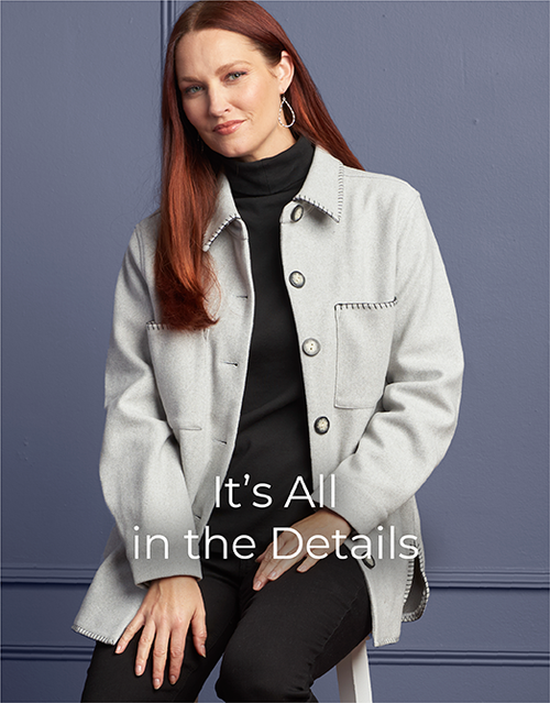 Explore our It's All in the Details collection! Featuring a grey whip stitch shacket.