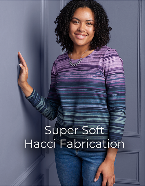Explore our super soft hacci fabrication! Featuring a purple multi stripe tee.