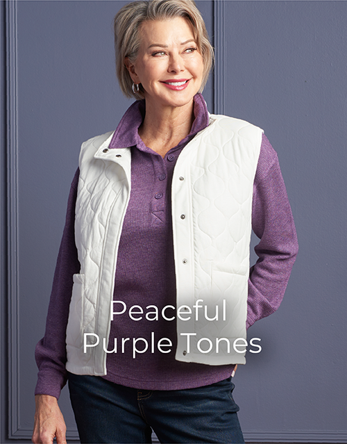 Explore our Peaceful Purple Tones collection! Featuring a purple thermal collared pullover and white quilted knit vest.