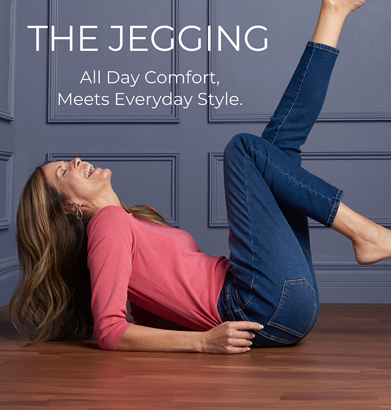 The Jegging: All Day Comfort, Meets Everyday Style. Featuring a blue pull on jegging!