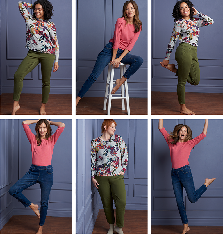 The Jegging: All Day Comfort, Meets Everyday Style. Featuring a blue and green pull on jegging!