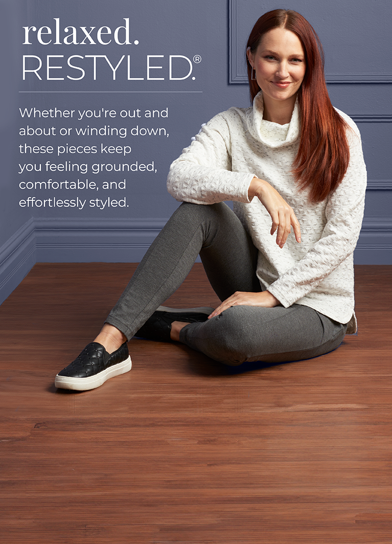 Relaxed. Restyled: Whether you're out and about or winding down, these pieces keep you feeling grounded, comfortable, and effortlessly styled. Featuring a white cowl neck top!