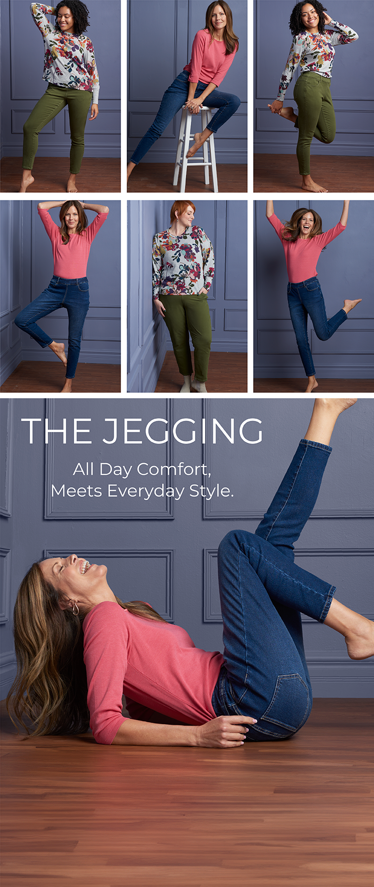 The Jegging: All Day Comfort, Meets Everyday Style. Featuring a blue and green pull on jegging!