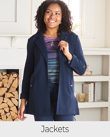 Explore our jackets! Featuring a blue shacket.