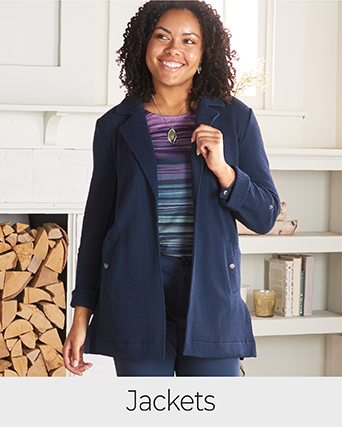 Explore our jackets! Featuring a blue shacket.