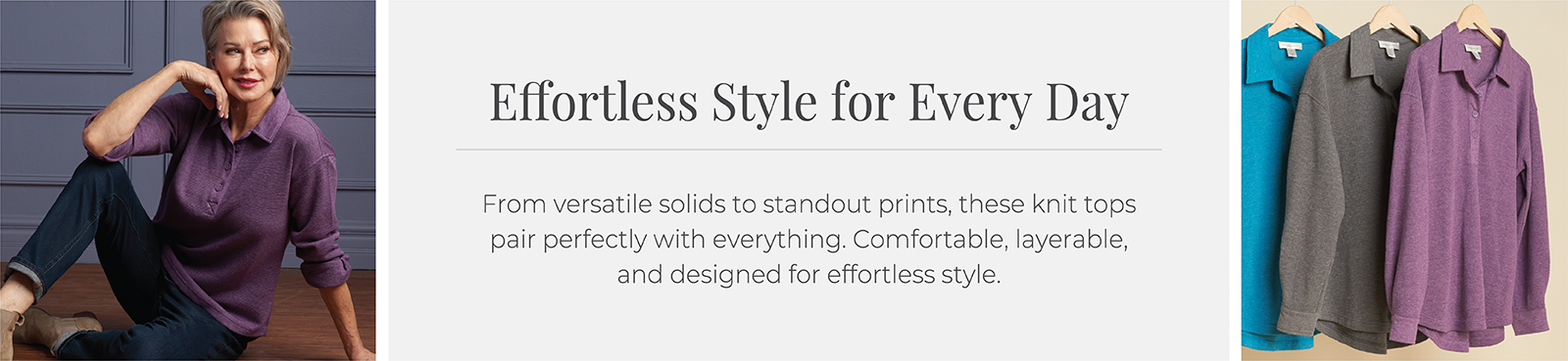 Effortless Style for Every Day: From versatile solids to standout prints, these knit tops pair perfectly with everything. Comfortable, layerable, and designed for effortless style. Featuring a blue, grey, and purple thermal collared pullover!