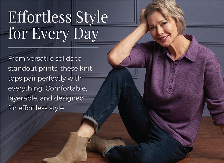 Effortless Style for Every Day: From versatile solids to standout prints, these knit tops pair perfectly with everything. Comfortable, layerable, and designed for effortless style. Featuring a purple thermal collared pullover!
