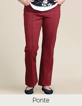 Explore our ponte pants! Featuring a red ponte boot cut pant.