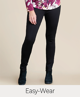 Explore our easy-wear pants! Featuring a black ponte legging.