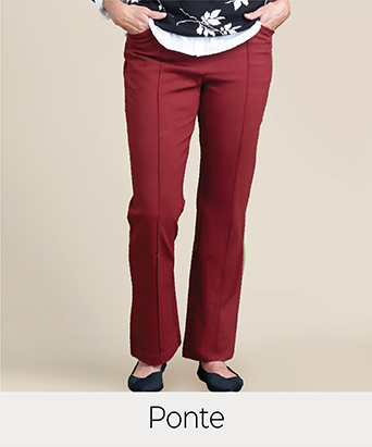 Explore our ponte pants! Featuring a red ponte boot cut pant.