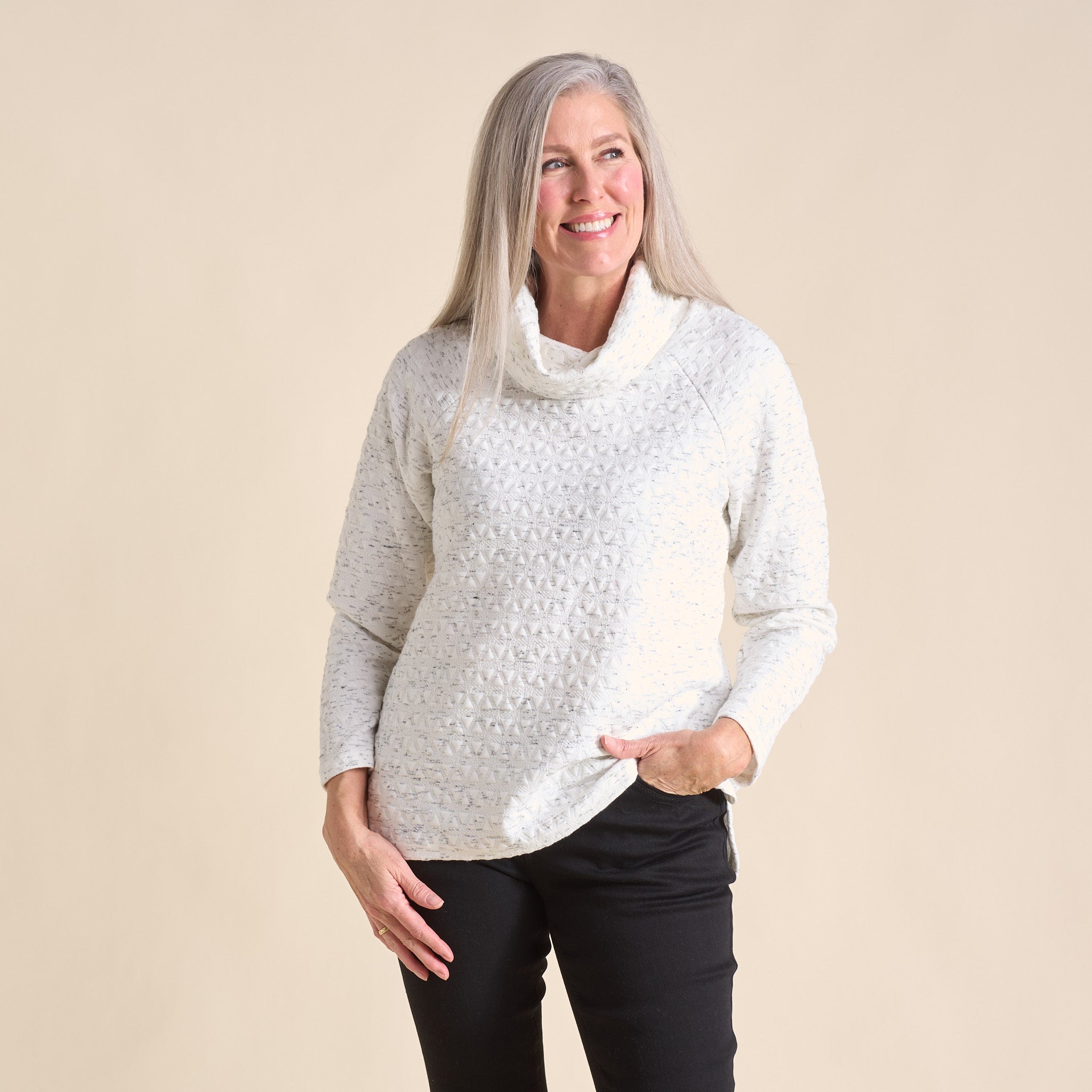 Relaxed Restyled Knit Jacquard Cowl Neck Top – Christopher & Banks